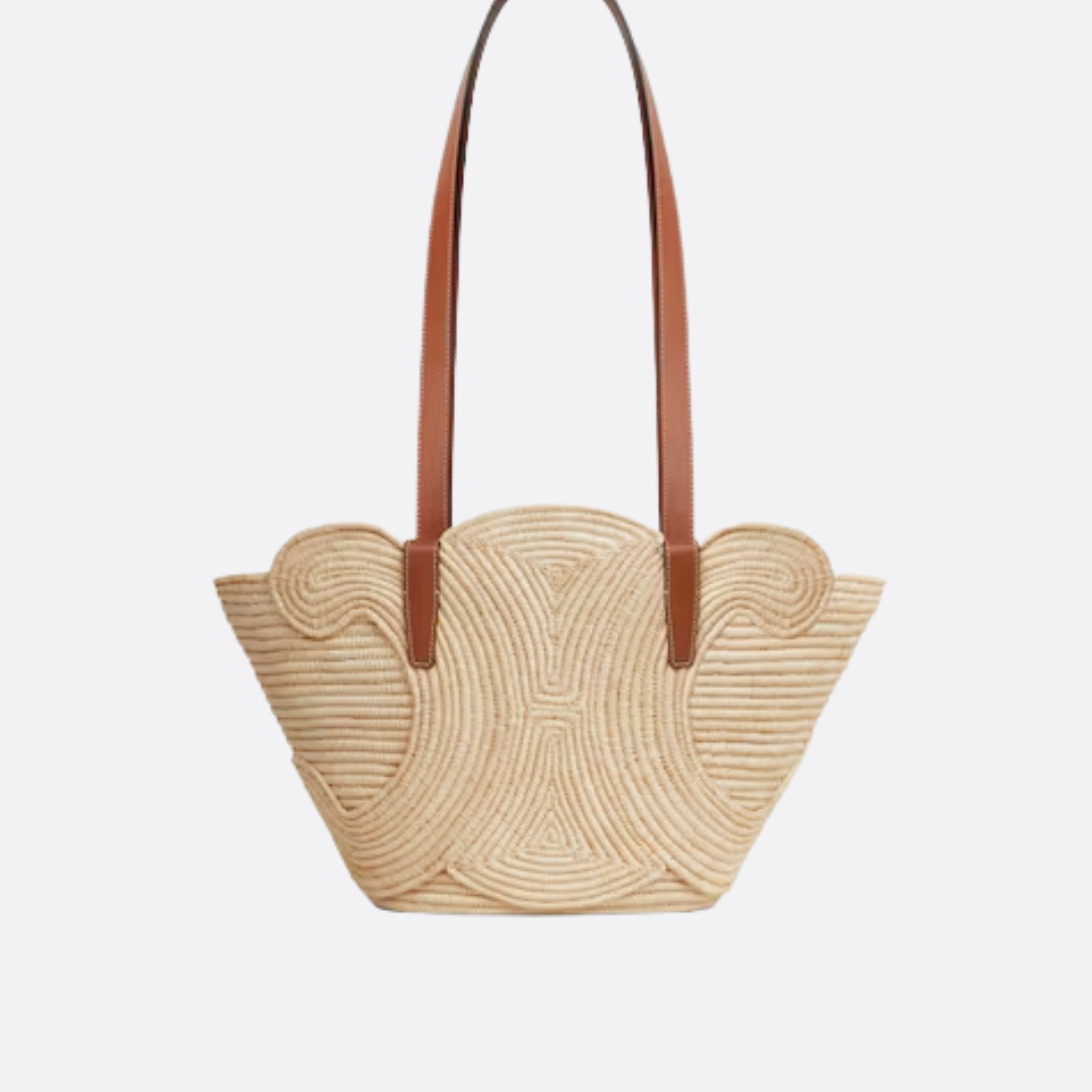 CELINE CLASSIC SMALL BASKET WITH WOVEN TRIOMPHE IN RAFFIA AND CALFSKIN